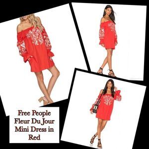 Free People Fleur Du Jour Red Floral Embroidered Mini Dress Size Small